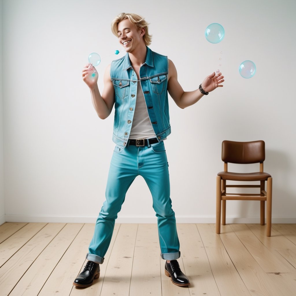 Blonde-haired man, denim  vest , aqua denim trousers, black leather shoes,blowing bubbles,smile full-body shot, Feet standing on wooden floor ,white room