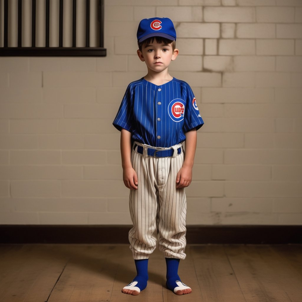  chicago cubs uniform baseball boy full body Feet standing on wooden floor  in prison room 