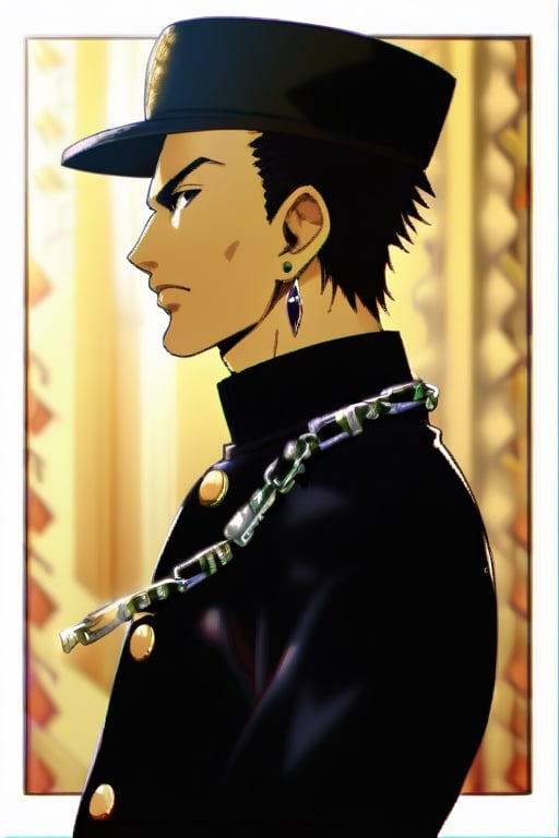 solo, shirt, black hair, 1boy, hat, jewelry, school uniform, upper body, male focus, earrings, from side, profile, muscular, chain, gakuran, kujo jotaro