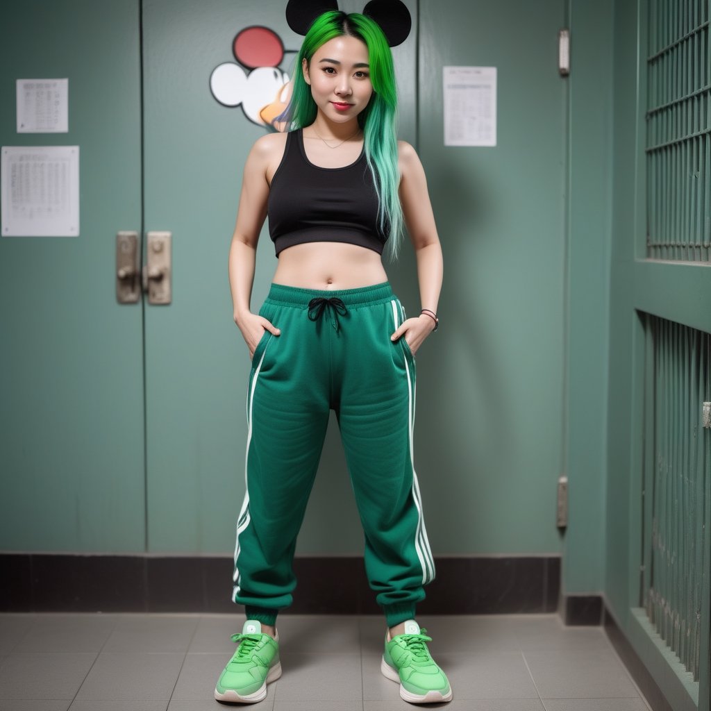  Green-haired Chinese woman with Mickey Mouse hairstyle with single long braid Sports tank top shows off belly button in green sweatpants  green sneakers full body standing  in prison room 