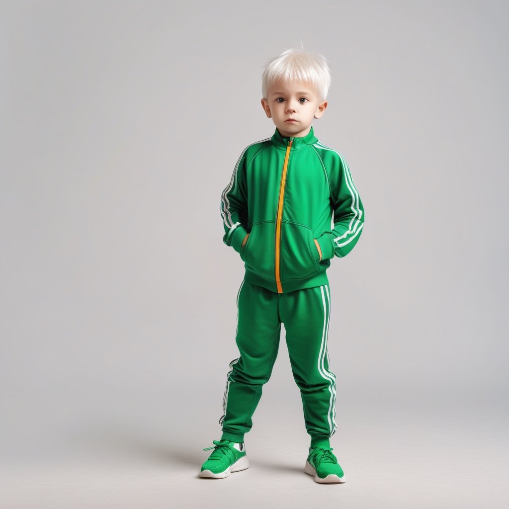 White-haired little boy in green sports suit full body stand