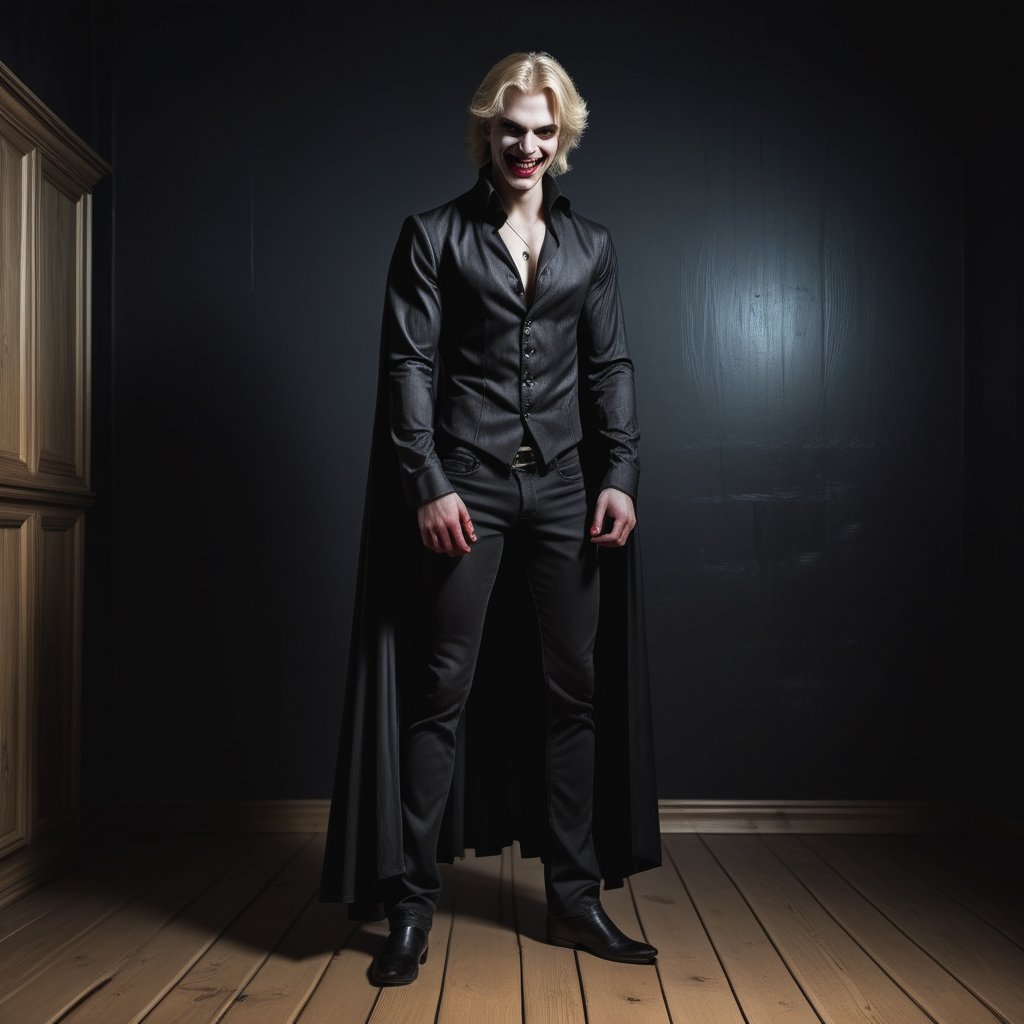 evil male blonde vampire,smile,full-body shot, Feet standing on wooden floor ,black room