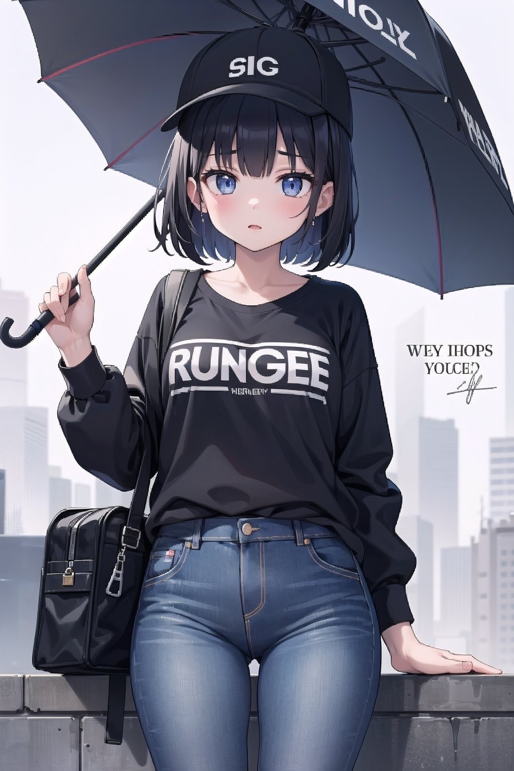 1girl, solo, looking at viewer, black hair, long sleeves, hat, holding, pants, english text, umbrella, jeans, holding umbrella