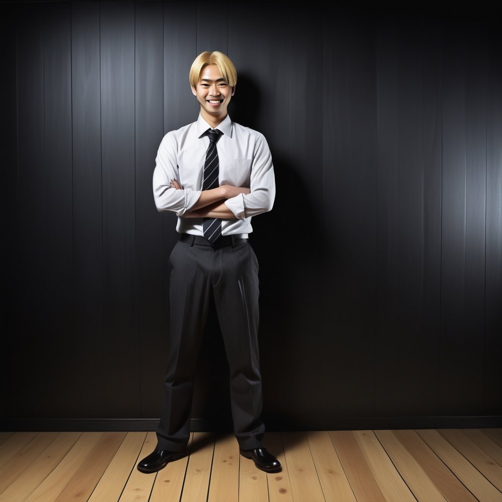 Evil Evil male blond japanese office worker,smile,full-body shot, Feet standing on wooden floor ,black room