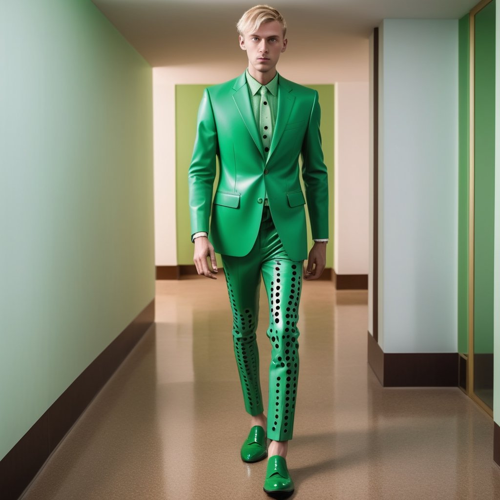  Blonde man in green suit with many round holes and green leather shoes full body cool walking in room 