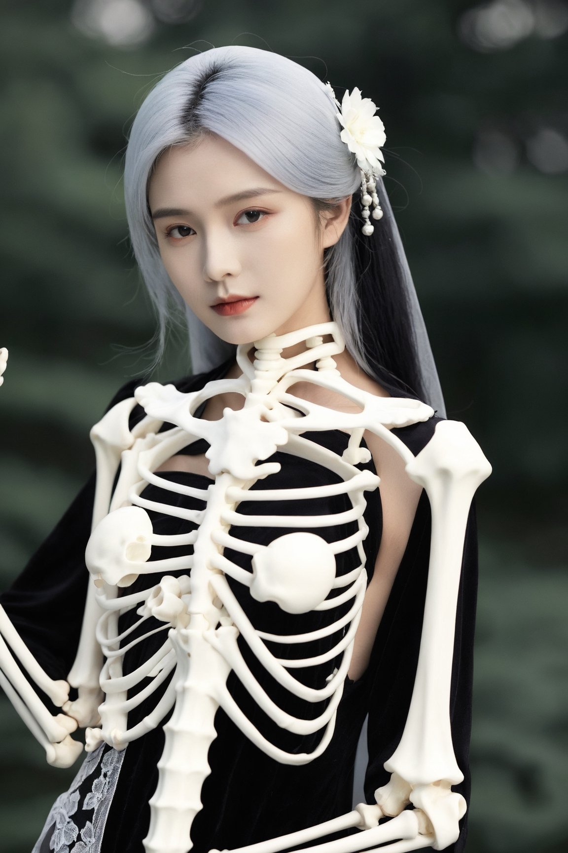 Masterpiece,high quality,(solo:1.2),((1girl)),(((human skeleton | girl))),,(white hair:0.3)
