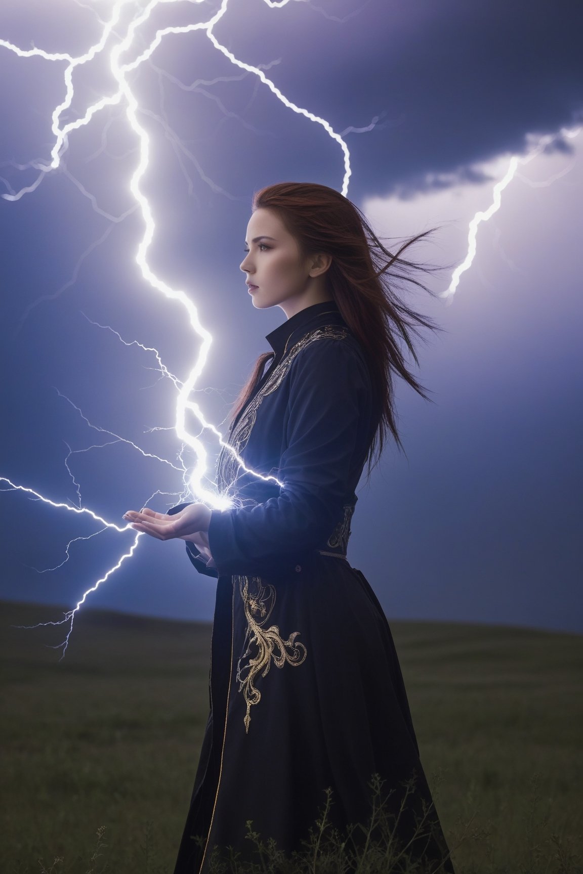 1 girl, lightning and thunder, thunder magic, lightning control, magic, shocking images, fantasy, magician