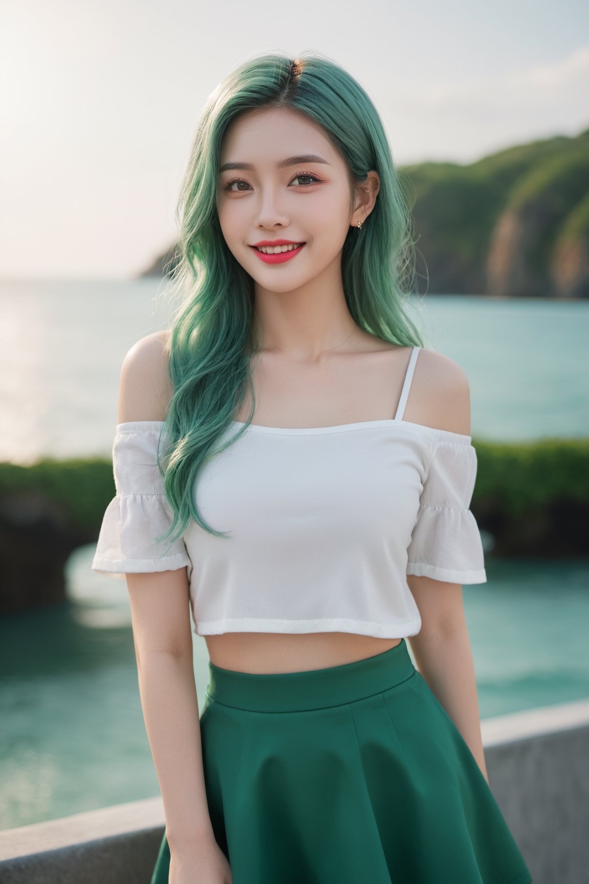 Best Quality,Masterpiece,Ultra High Resolution,(Realisticity:1.4),photorealistic,extreme detailed,Original Photo,1girl,portrait,(fullbody),long hair,pink & green hair,solo,(dynamic posture:1.4),mini_skirt,(dark sea green tone:1.2),looking at the audiences,red lips,smile,50mm,F0.8,8K raw,depth of field,