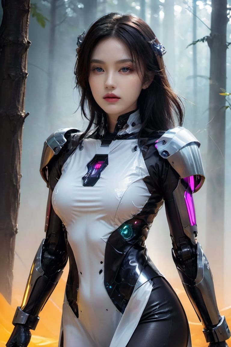 1girl,full_body,glowing,machinery,mecha,robot,sciencefiction,white background,rich colors,high contrast,sexy full shot body photo of the most beautiful artwork in the world,illustration,cinematic light,fantasy,highres,highest quallity,ultra detailed,best quality,masterpiece,(detailed face),(slutty) woman wears a shirt and (torn) fullbody (transparent galaxy) cloths coat,floating cloth,see throug,choker,fantasy forest with glowing neon details,
,Mechanical part