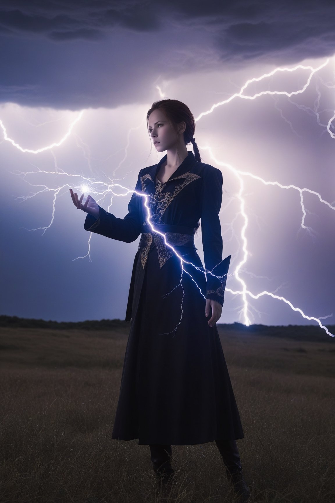 1 girl, lightning and thunder, thunder magic, lightning control, magic, shocking images, fantasy, magician