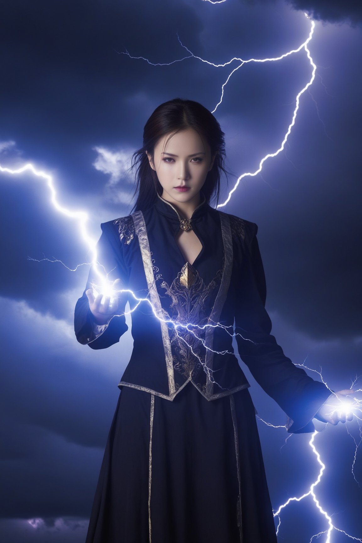 1 girl, lightning and thunder, thunder magic, lightning control, magic, shocking images, fantasy, magician