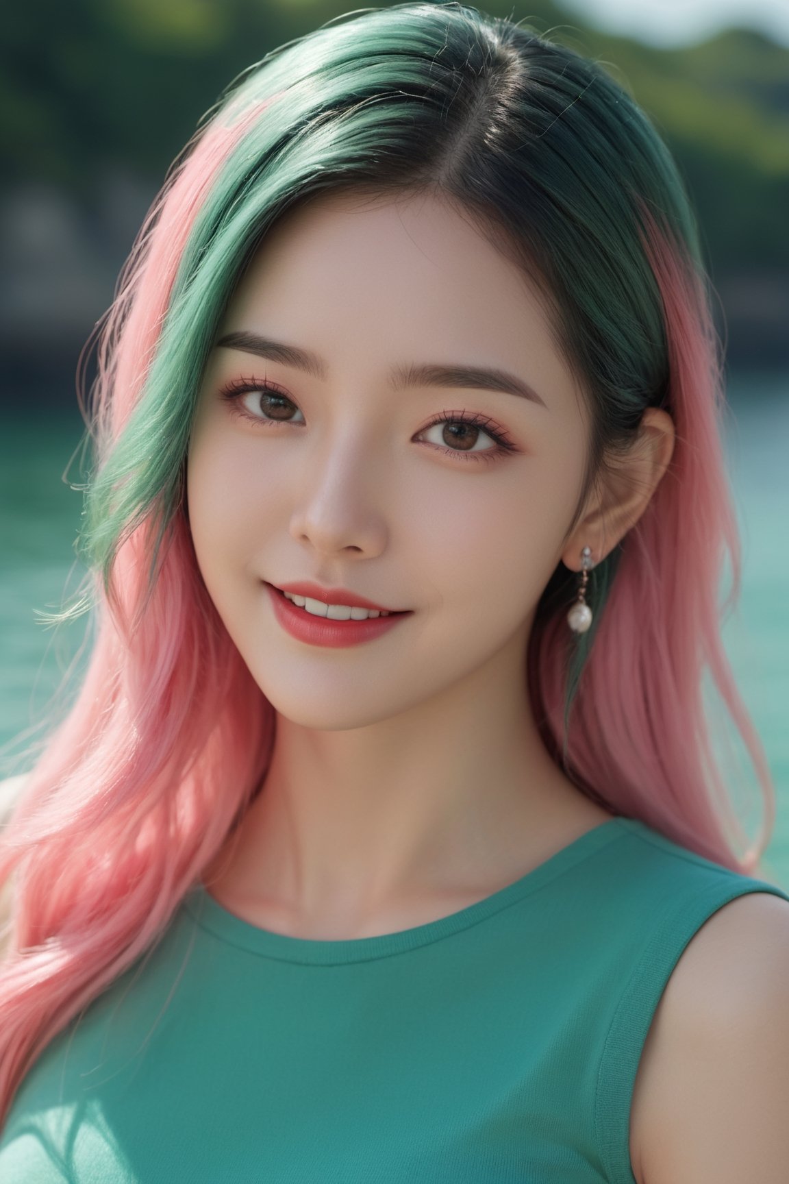Best Quality,Masterpiece,Ultra High Resolution,(Realisticity:1.4),photorealistic,extreme detailed,Original Photo,1girl,portrait,(fullbody),long hair,pink & green hair,solo,(dynamic posture:1.4),mini_skirt,crop top,(dark sea green tone:1.2),looking at the audiences,red lips,smile,50mm,F0.8,8K raw,depth of field,