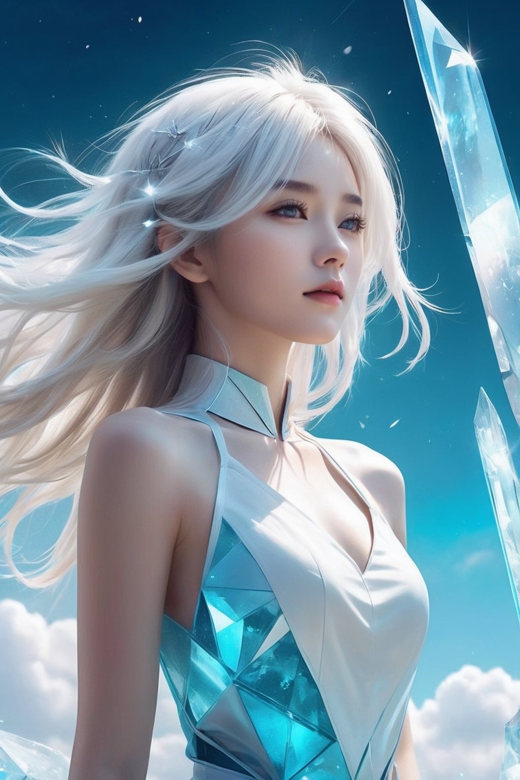 realistic photo,abandoned,1girl,solo, long hair,(beautiful hands) (white hair:1.4),(shard of glass:1.4),up body,A shot with tension,(sky glows cyan,Visual impact,giving the poster a dynamic and visually striking appearance:1.2),
