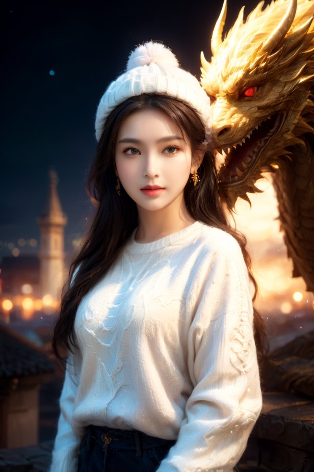 (RAW photo, best quality), (realistic, photo-Realistic:1.3), best quality, masterpiece, beautiful and aesthetic, 16K, (HDR:1.4), high contrast, (vibrant color:0), dragon in background, (muted colors, dim colors, soothing tones:1.4), cinematic lighting, ambient lighting, sidelighting, Exquisite details and textures, cinematic shot, Cold tone, (Bright and intense:1.1), wide shot, by xm887, ultra realistic illustration, siena natural ratio, (city night view theme:1.4), head to toe, long Wave hair, multicolored hairlighting, (a shy smile:1.2), red eyes, white knit sweater, white knit Beanie, white knit gloves, a beautiful Turkish girl, seductive look, sexy eyes, simple gradients, skin grain detail, a small earrings, sf, intricate artwork masterpiece, ominous, matte painting movie poster, golden ratio, trending on cgsociety, intricate, epic, trending on artstation, by artgerm, h. r. giger and beksinski, highly detailed, vibrant, production cinematic character render, ultra high quality model
