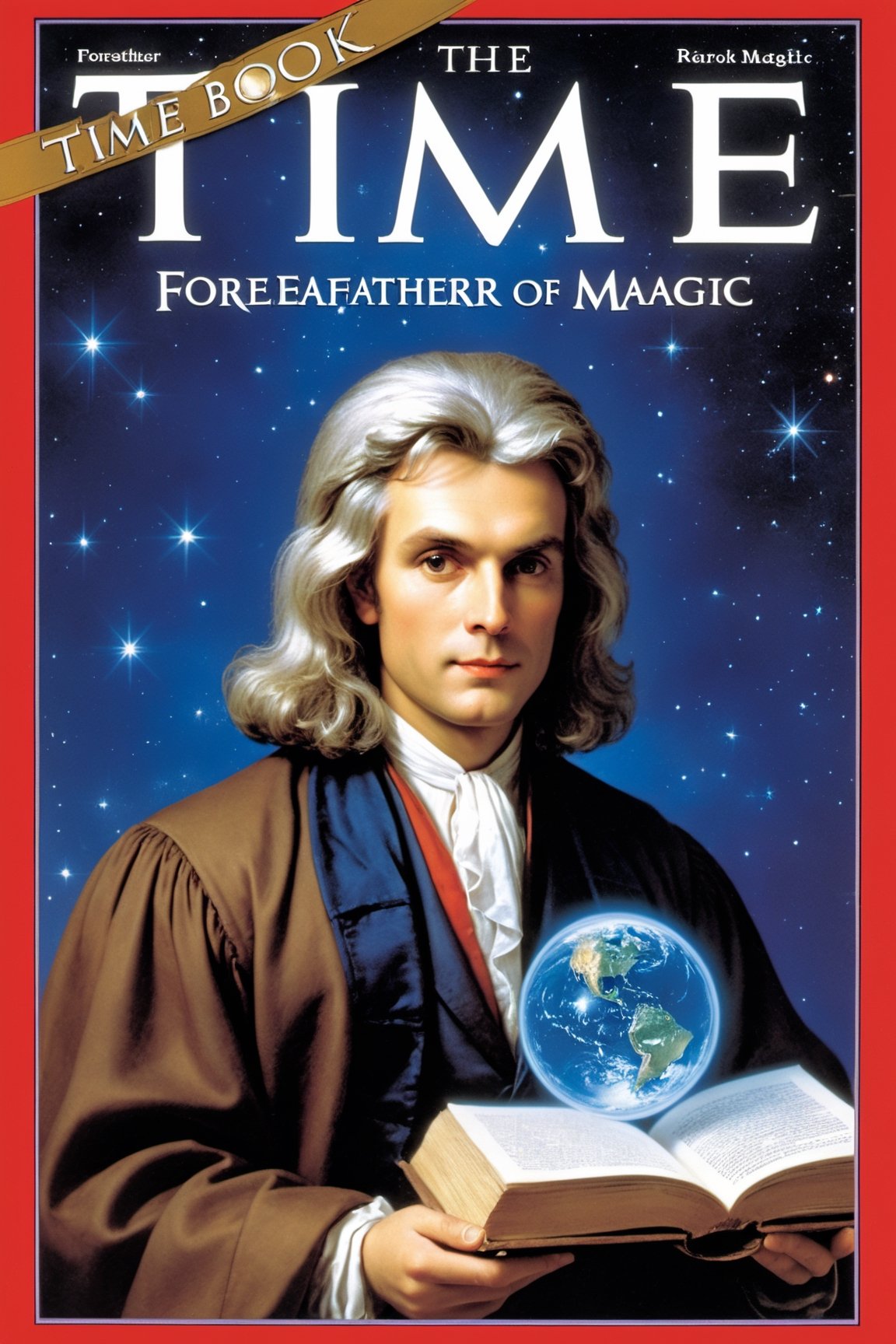 Newton on the cover of the magic book, forefather of magic, magical realm,time magazine