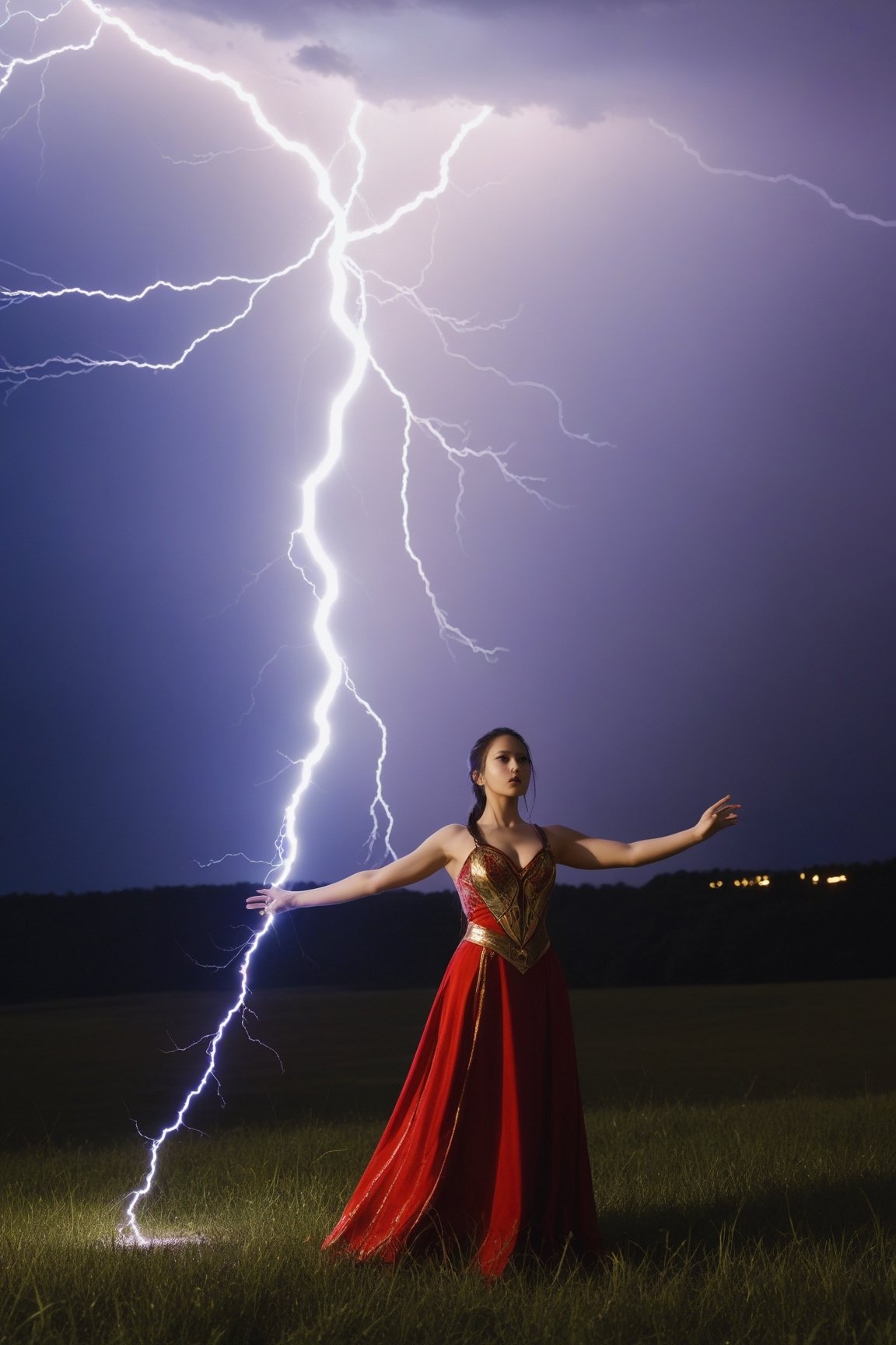 1 girl, lightning and thunder, thunder magic, lightning control, magic, shocking images, fantasy, magician