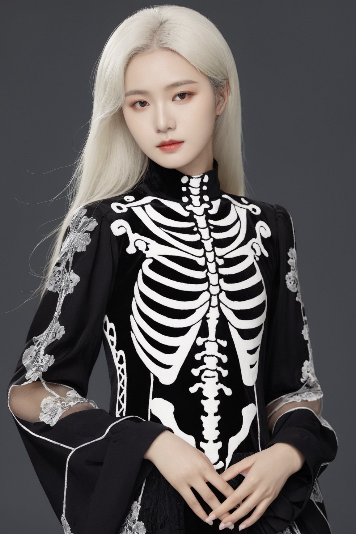 Masterpiece,high quality,(solo:1.2),((1girl)),(((human skeleton | girl))),,(white hair:0.3)
