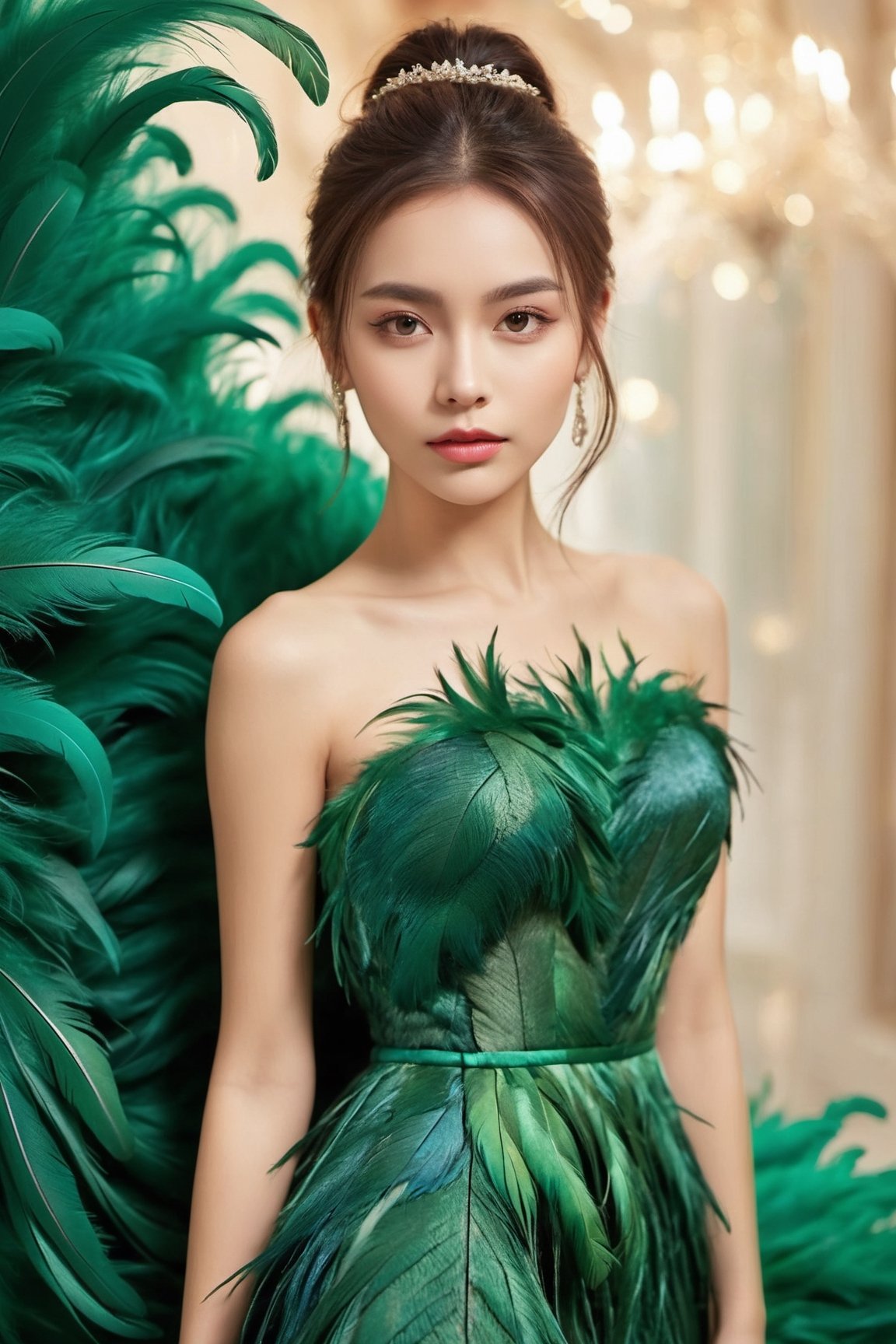 1girl,a gorgeous long dress made of feathers,green feather,huge feathers,complex background,beautiful background,(feathers everywhere:1.3),depth of field level,
