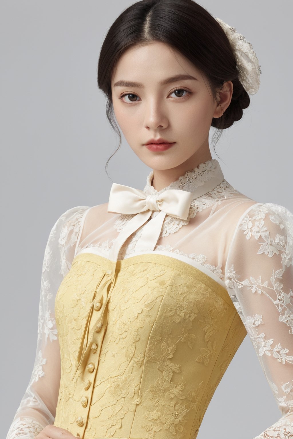 Best quality,masterpiece,ultra high res,photorealistic,1girl,solo,looking at viewer,studio light,realistic,photorealistic,tuxedo,Pastel Yellow,a supernatural political campaign, Half Body,wearing lace-trimmed dress,white,white background,
