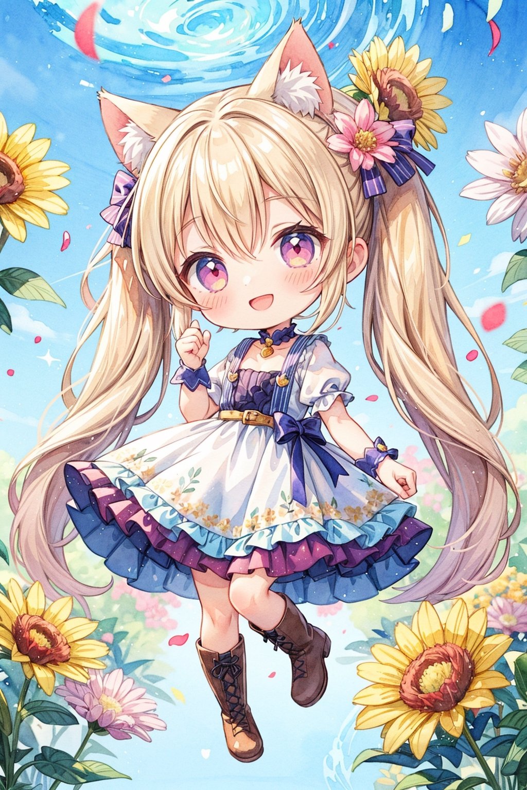 Cat-eared girl in long boots,chibi,smile,(twin tail:1.2),princess,dress,flowers,Watercolor