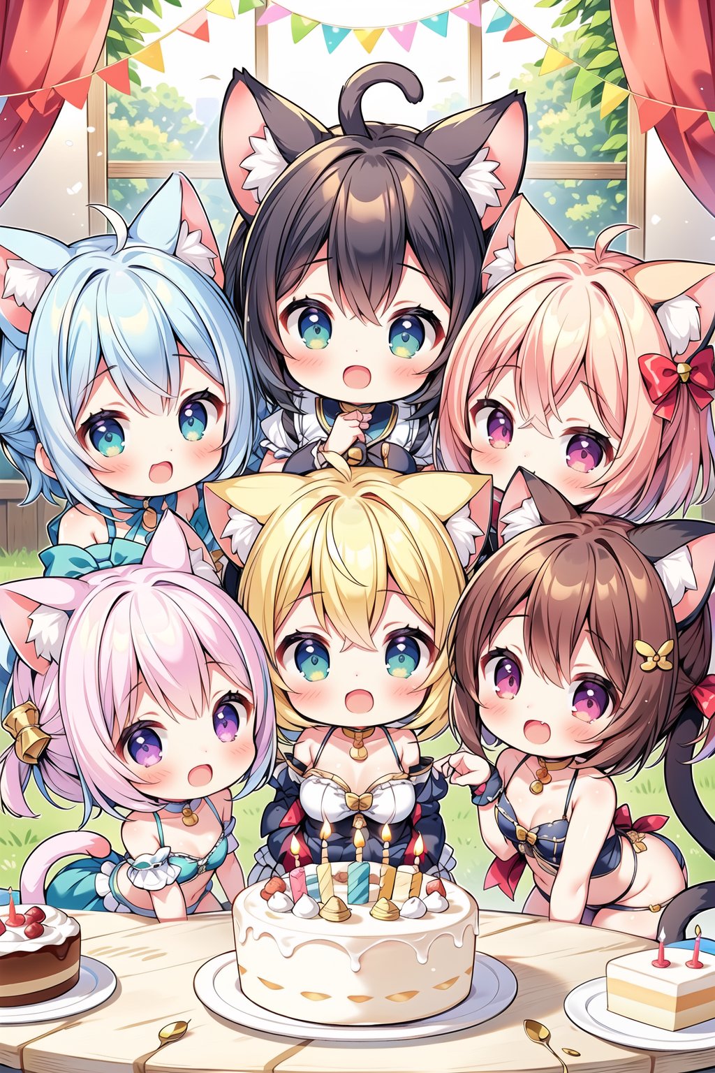 group picture,multiple girls, 5girls, looking at viewer ,shiny skin, (loli girl),(chibi:1.5),(cat ear:1.6),(birthday party),(cake with candles),smile