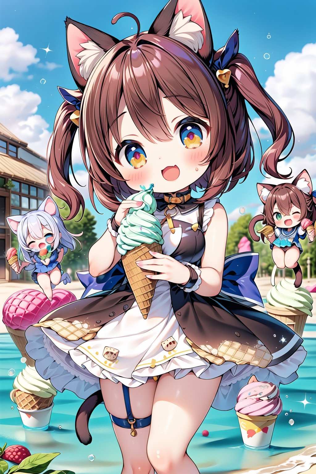 group picture,multiple girls, 5girls, looking at viewer ,shiny skin, (cute girl),(chibi:1.5),(cat ear:1.6),(big ice cream:1.4),(eat ice cream),smile,dress