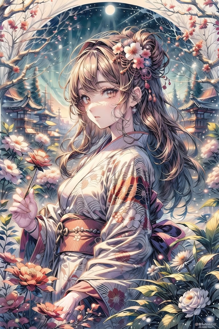 Anime ,hentai,(beautiful detailed face, beautiful detailed eyes),(((best quality,masterpiece))),(a beautiful girl,(flower pattern) kimono),(anime style),(Snow cover,night_sky ,fireworks,Matsuri, nature view),more detail XL,EpicSky,cloud,brown hair,brown eyes