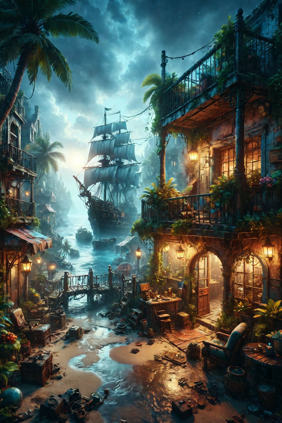 MAGICAL cute STORYBOOK tropical bay , shabby STYLE lovely terrace on the beach, view on the tropical bay , summer  Modifiers: highly detailed dof trending on cgsociety steampunk fantastic view ultra detailed 4K 3D whimsical Storybook beautifully lit etheral highly intricate stunning color depth disorderly outstanding cute illustration cuteaesthetic Boris Vallejo style shadow play The mood is Mysterious and Spellbinding, with a sense of otherworldliness  otherwordliness macro photography style LEONARDO DIFFUSION XL STYLE vintage-futuristic