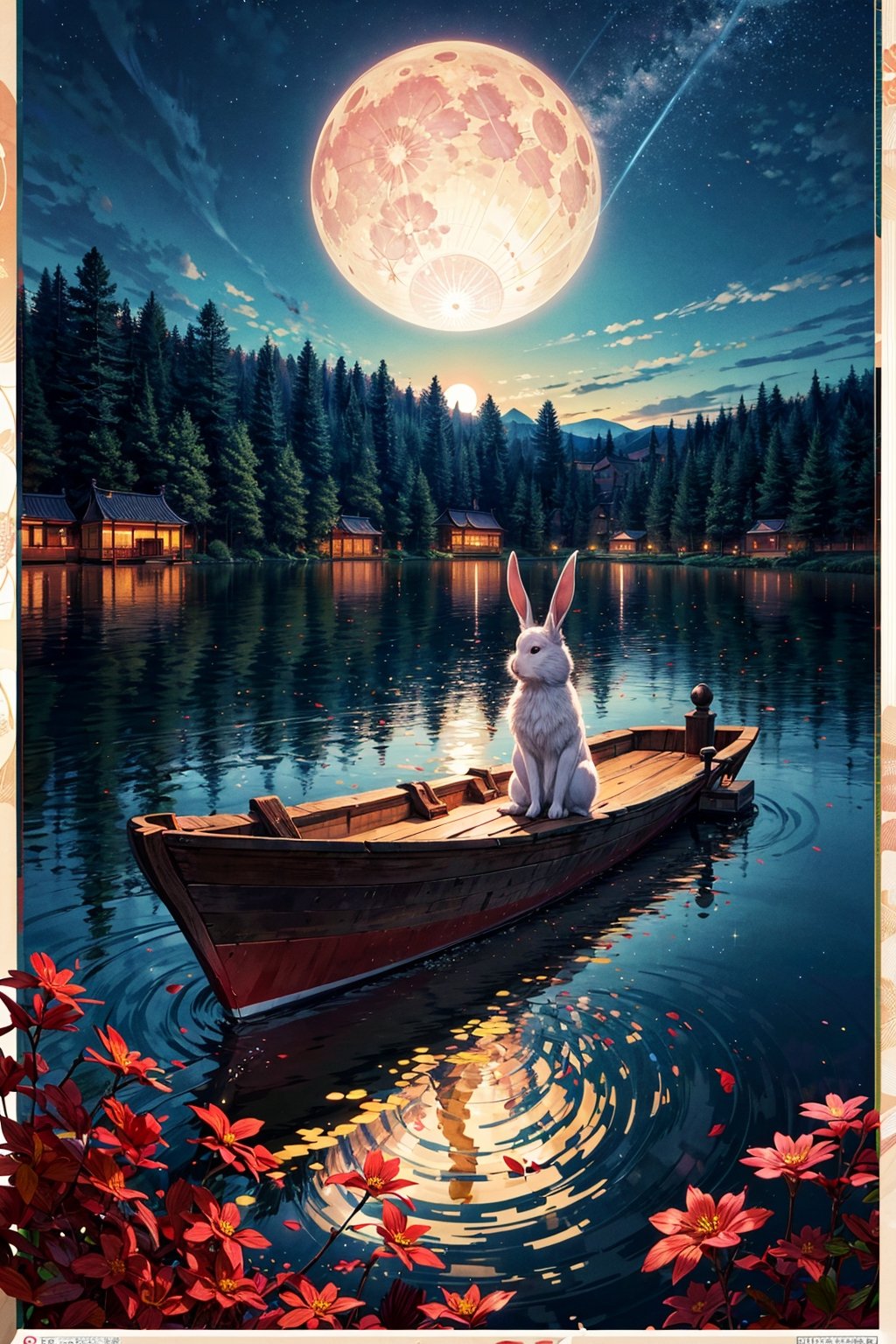 (Best Quality, 8k, 32k, Masterpiece, UHD:1.3), the night, Two rabbits boating on the lake, The background is a bright and bright moon, Blind box, wind, Beautiful, high qulity, cinematic colorgrade, Traditional Chinese elements, National Day Mid-Autumn Festival poster, Blue lake, The breeze ruffled the lake, Ripples spread out