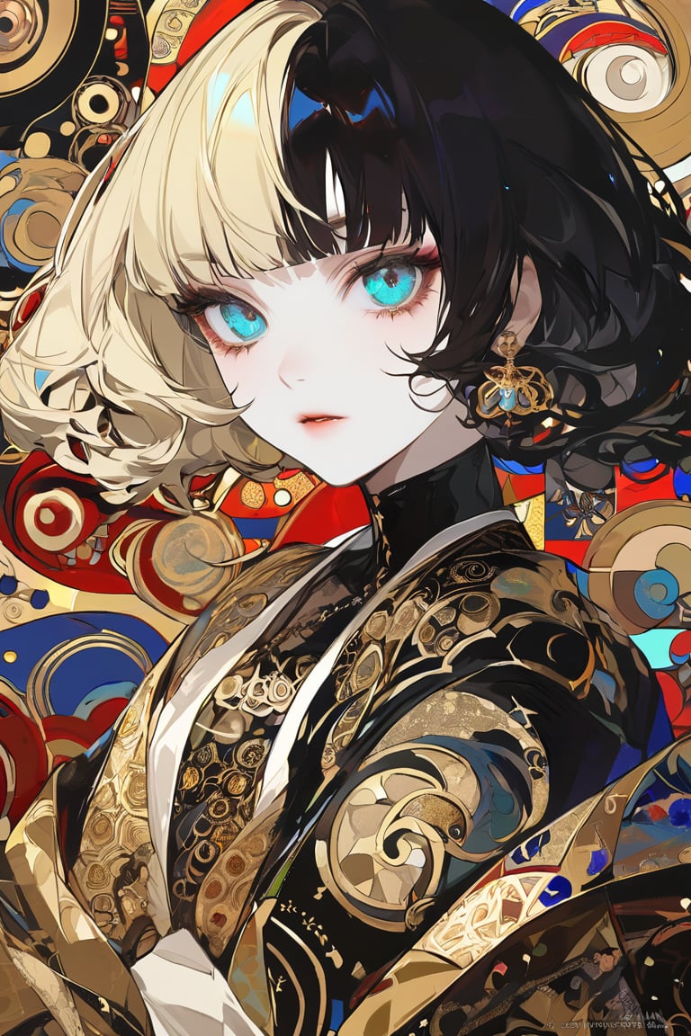 A beautiful girl, blonde hair, dynamic character, detailed exquisite face, bold high quality, high contrast, patchwork, vibrant colors, looking at viewer, intricate gold patterns, swirling motifs, (Gustav Klimt and Mucha and Caravaggio style artwork),art_booster, 