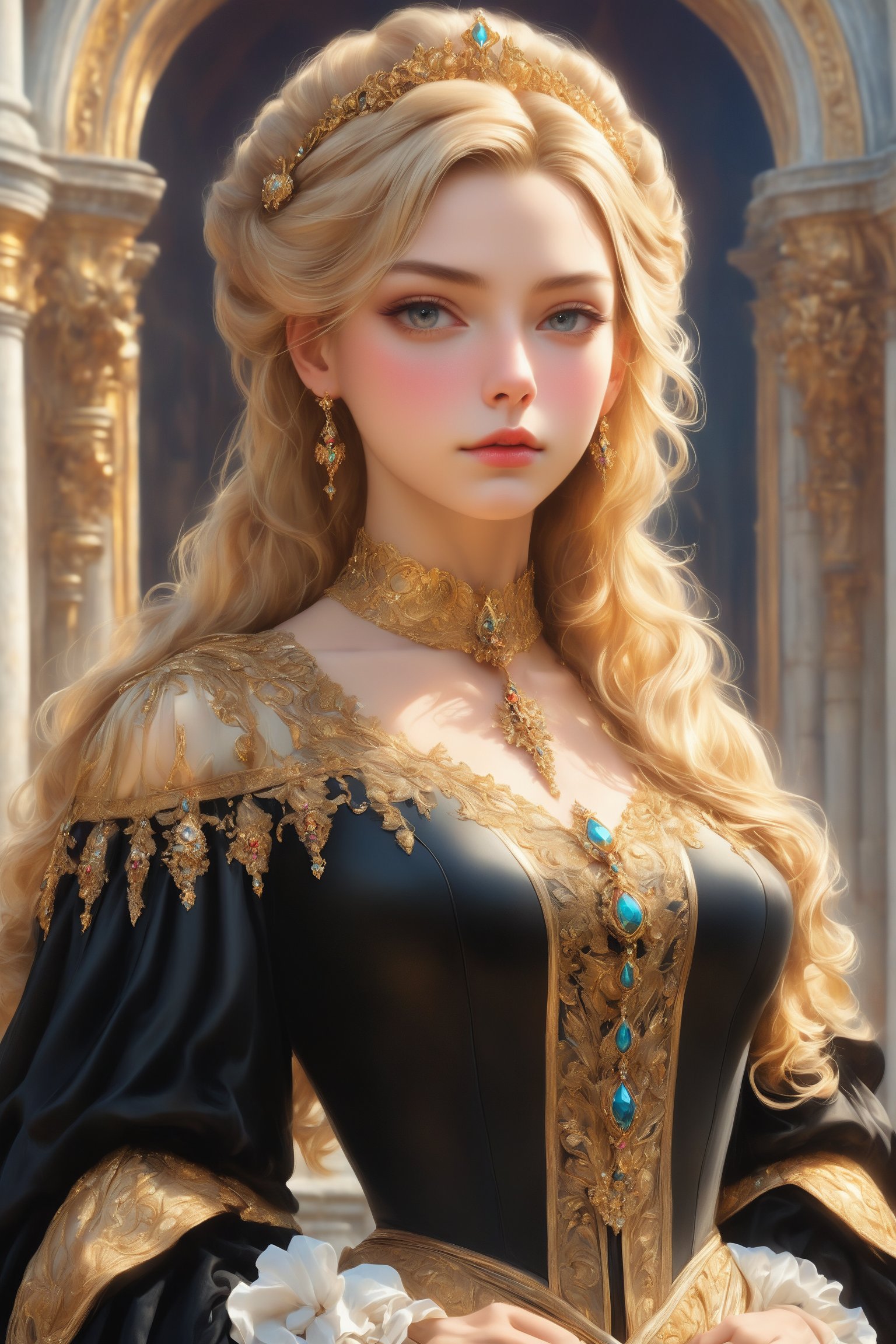 Elegantism, opulent scene, full portrait of a Victorian lady, heroic, black clothes, gold trim, castle, head and shoulders portrait, 8k resolution. (masterpiece, top quality, best quality, official art, beautiful and aesthetic:1.2), (1girl:1.4), upper body, blonde hair, portrait, extreme detailed, ,Leonardo Style,DonMF41ryW1ng5XL