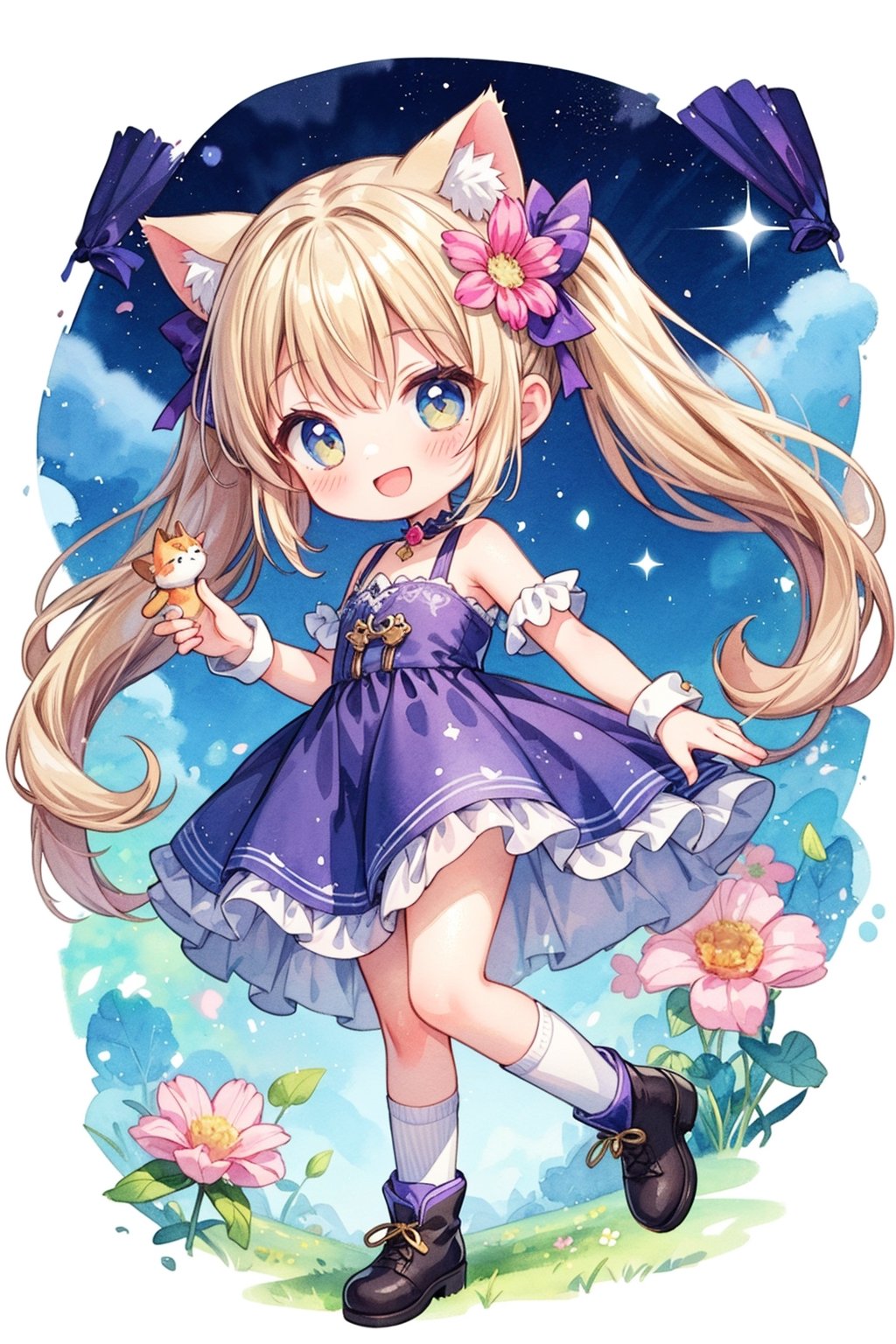 Cat-eared girl in long boots,chibi,smile,(twin tail:1.2),princess,dress,flowers,Watercolor,(high socks:1.5)