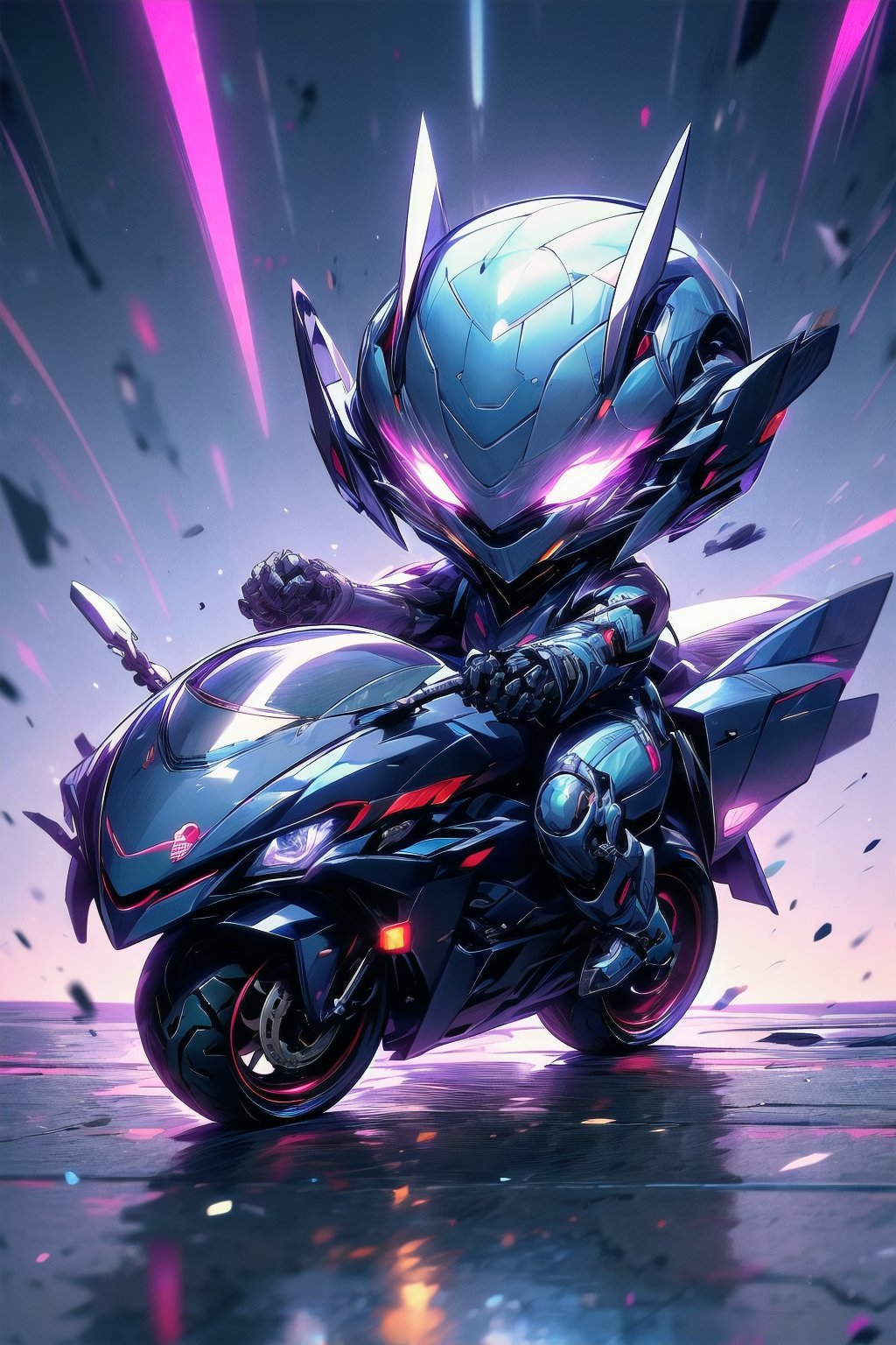 absurdres, highres, ultra detailed, (1girl:1.3), BREAK ,moter bike suit, motor,(Riding on motorcycle:1.5),mecha,cyberpunk robot,r1ge,(chibi:1.3)