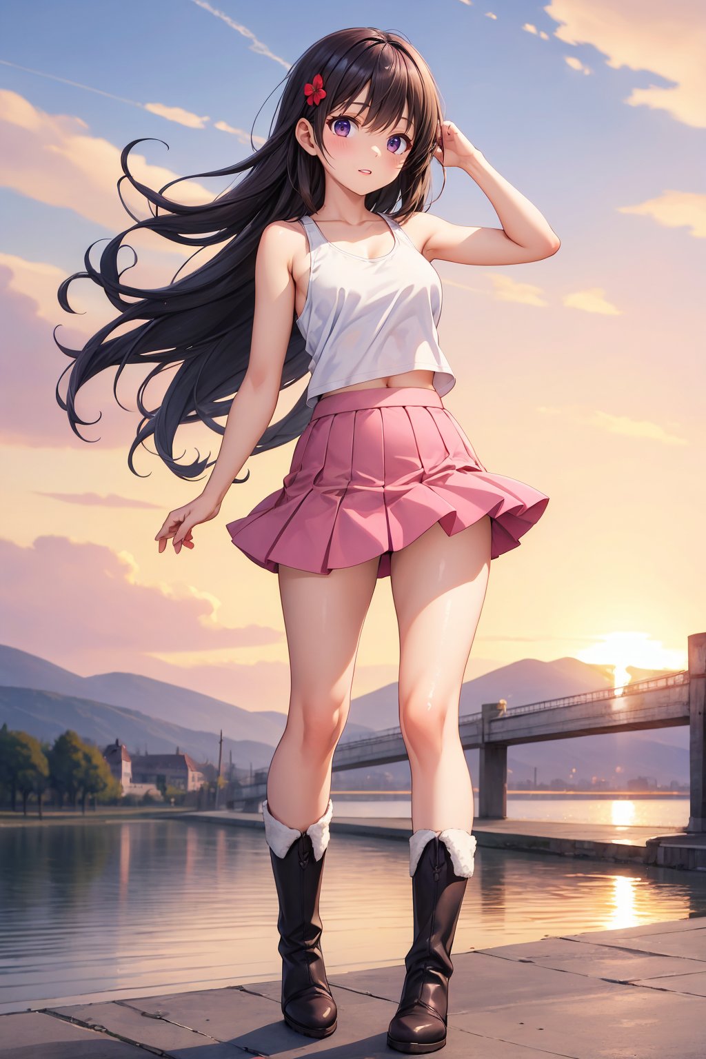 masterpiece, top quality, best quality,1girls,Korean, beautiful face, smile, long hair, 19 years old, tank top, pink skirt, boots, hills, full body view, sunset,sexy pose