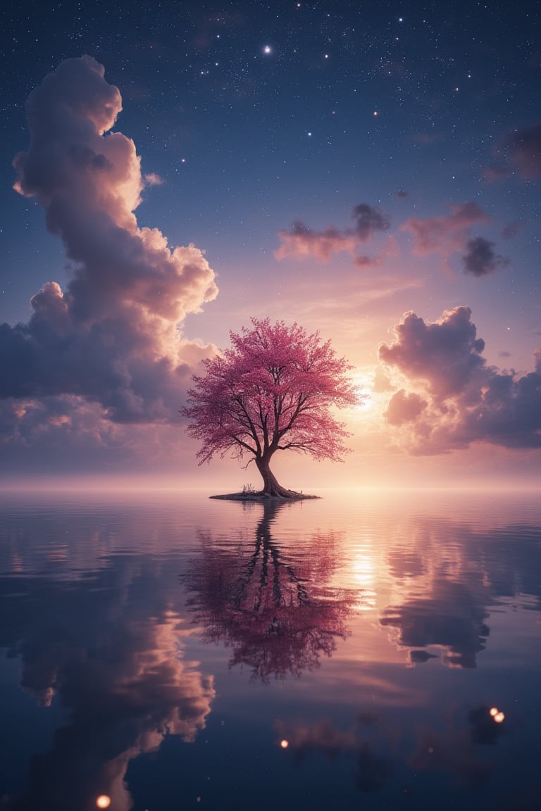 A wide angle visualization of a mystical scene of a sunset, showing a starry night filled with clouds, there is a reflection of a sakura tree in the sea in the center, illuminated by fireflies, an epic moment of quiet contemplation and understanding the meaning of your journey. highly detailed, uhd anime wallpaper, digital animation, epic, beautifully pictorial,