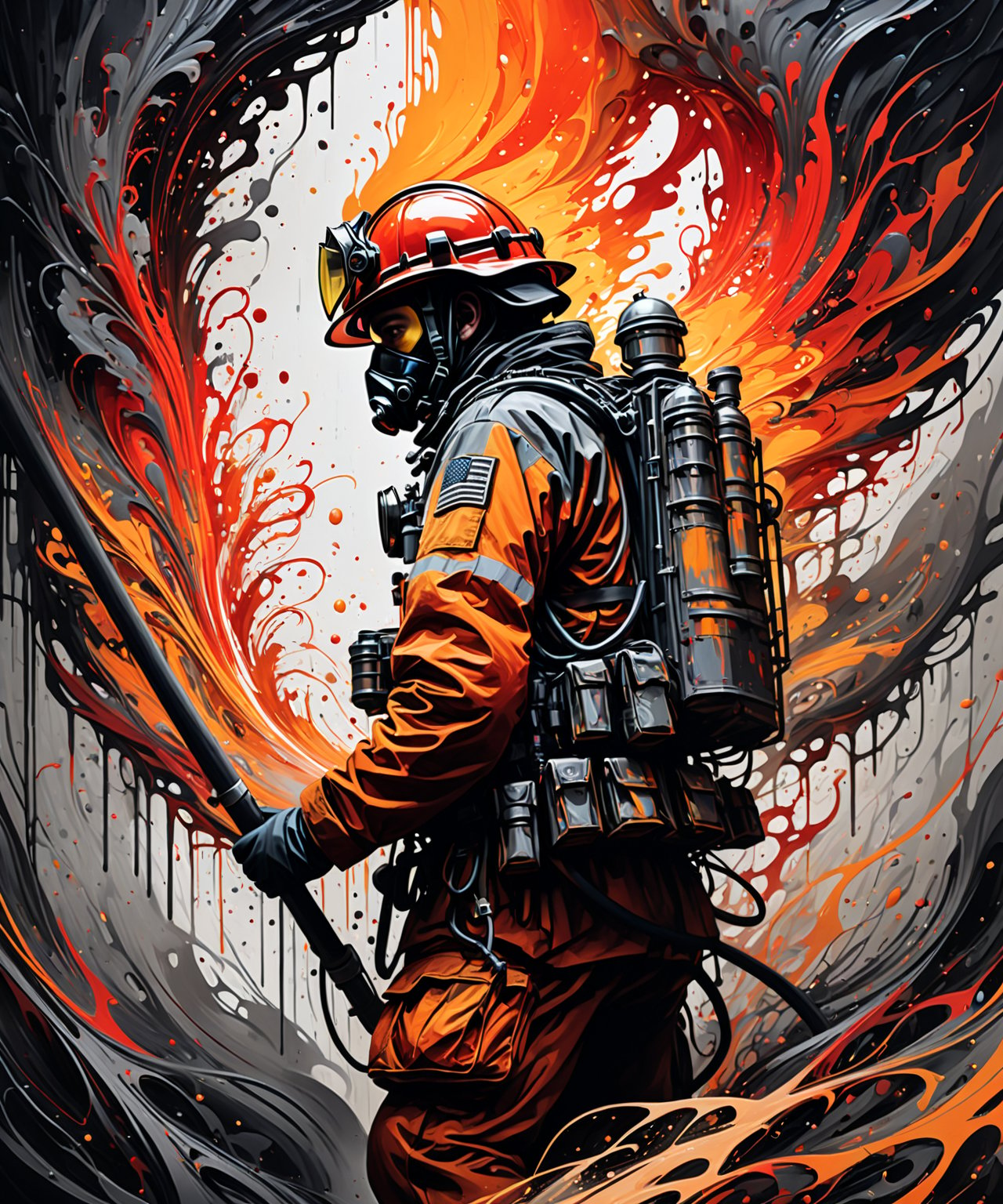 Ultra wide photorealistic image. Caption "SKENETRA". Graffiti, Firefighter in action. Dark sun, giant cybernetic abstract, black and orange-red gray, ink flow - 8k photorealistic masterpiece - by Aaron Horkey and Jeremy Mann - close-up. liquid gouache: Jean Baptiste Mongue: calligraphy: acrylic: color watercolor, cinematic lighting, maximalist photo illustration: marton Bobzert: 8k concept art, intricately detailed realism, complex, elegant, vast, fantastic and psychedelic, dripping with color,g1h3r