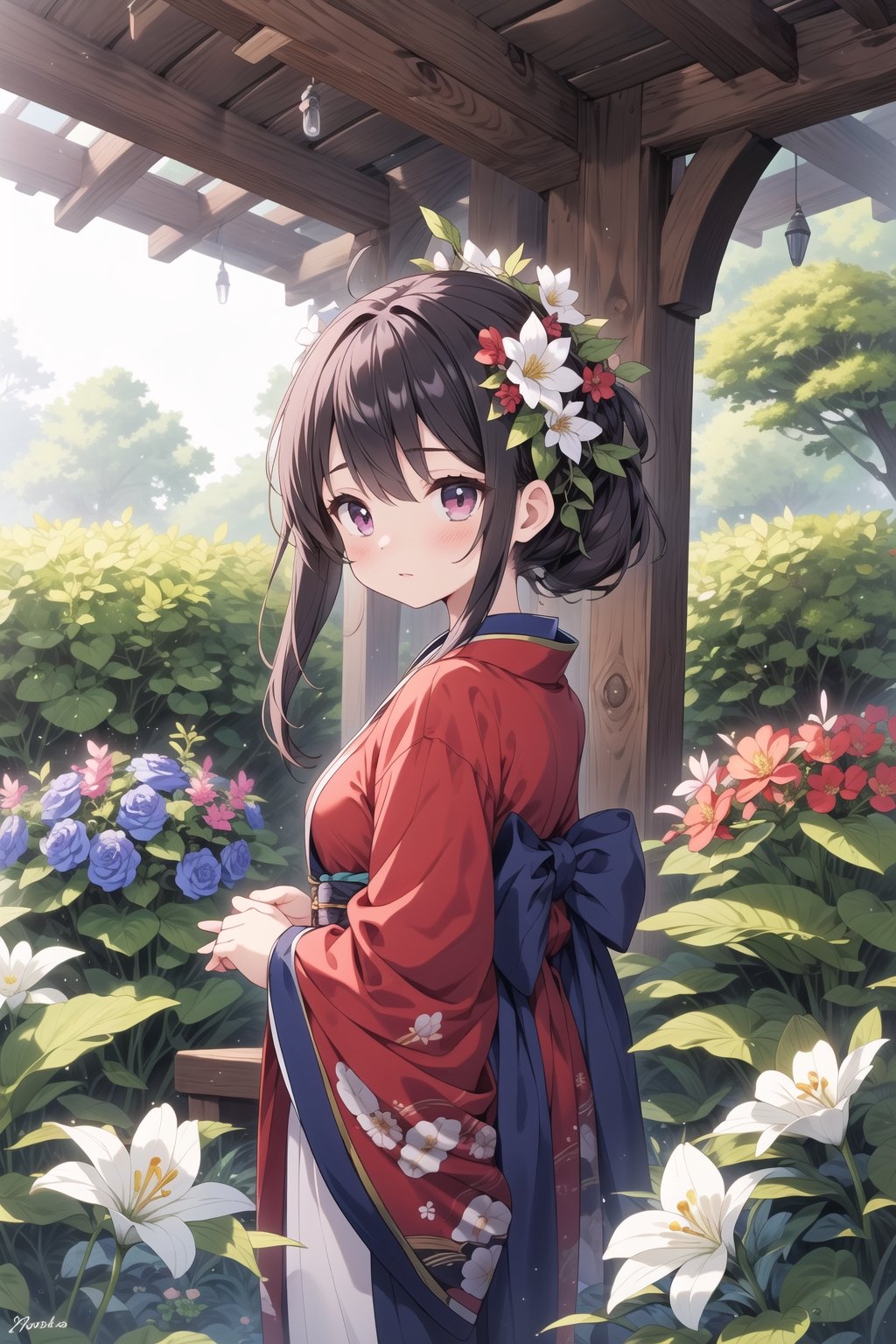 
In a garden where morning glories are blooming in wild abundance, a girl clad in a kimono stands serenely. Her traditional dress is a beautiful contrast against the vibrant blues, purples, and pinks of the flowers surrounding her. The morning light filters through the foliage, casting a soft glow on her delicate features. The kimono, with its intricate patterns and flowing sleeves, complements the natural beauty around her. She appears as if she is a part of this enchanting scene, where the tranquility of nature and the elegance of tradition merge seamlessly. Her gaze is thoughtful, perhaps reflecting on the fleeting beauty of the blossoms, which, like the moments in time, are here today and gone tomorrow. This serene tableau captures a moment of quiet beauty and contemplation amidst the riotous color of a garden in full bloom.