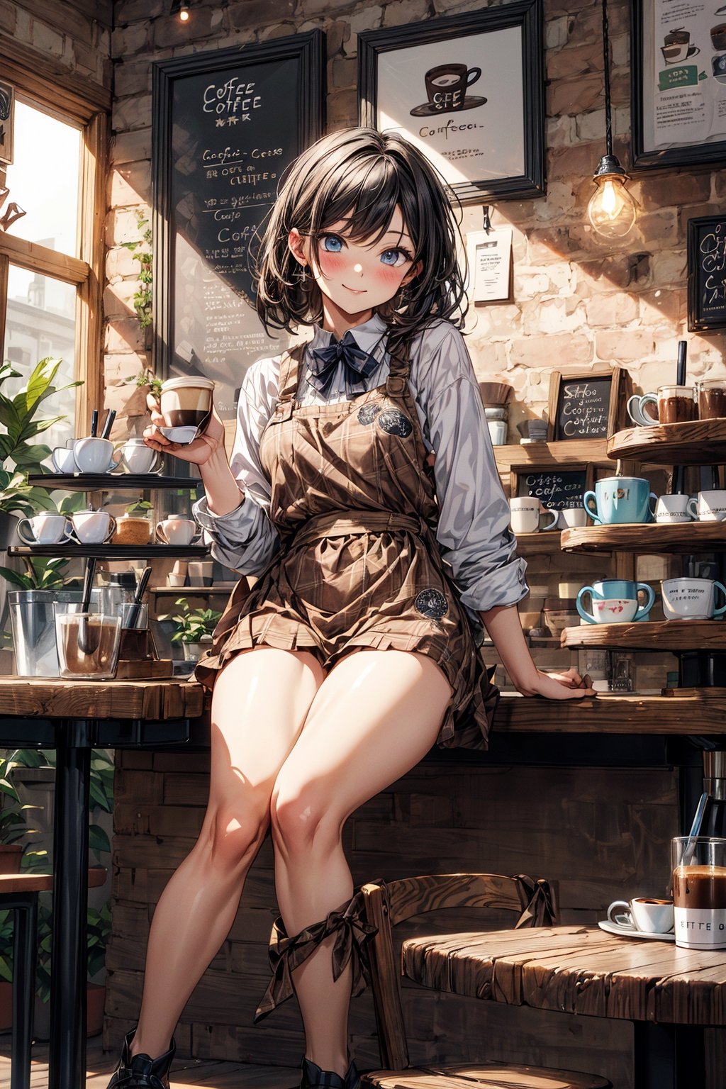 absurdres, highres, ultra detailed,(1girl), BREAK ,(Sit on a chair in a coffee shop and have a drink),cake on the table,(cute coffee shop:1.5),menu on the wall,(prity smail),close the legs ,(thighs:1.3),