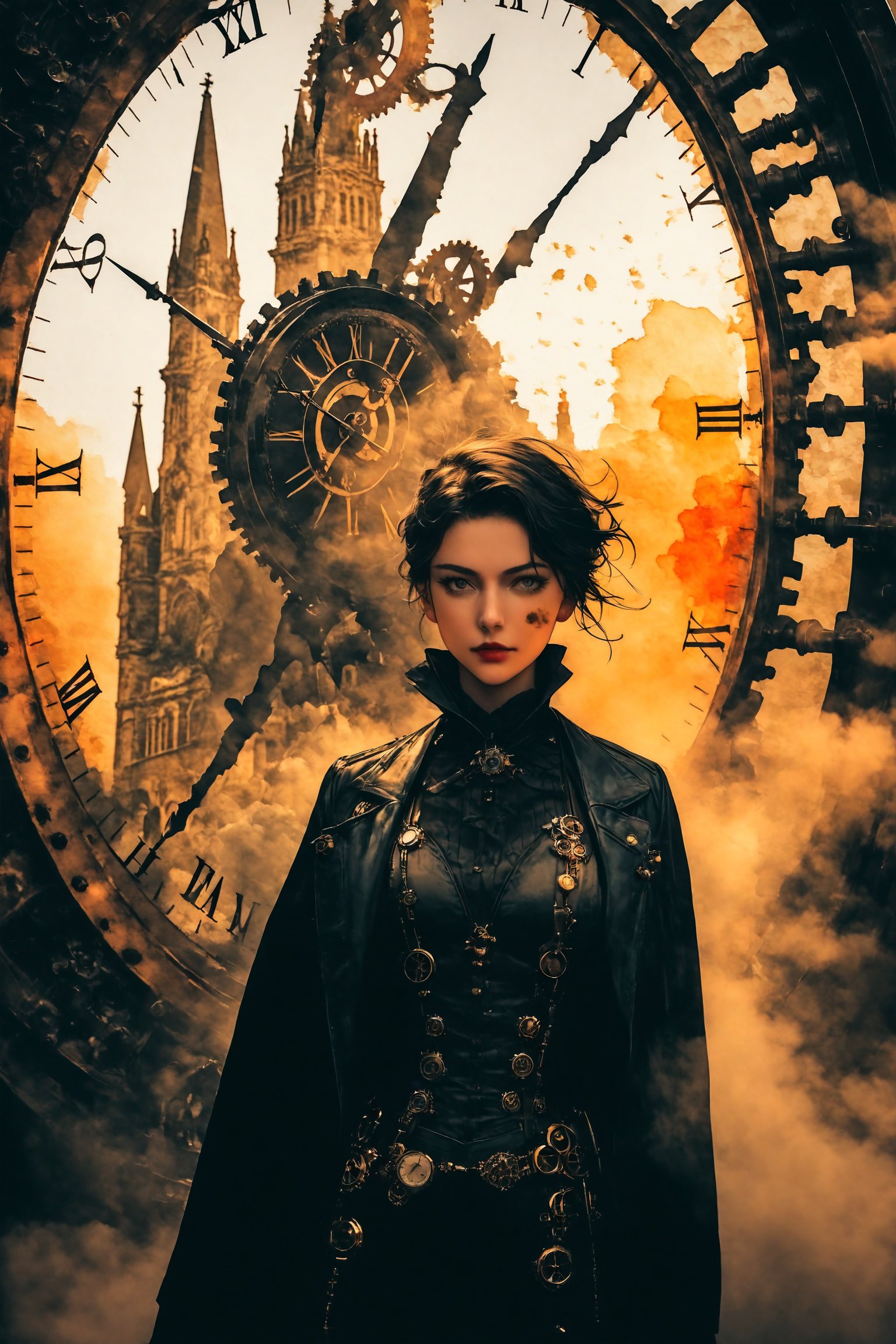 high quality, 8K Ultra HD, high detailed, Steampunk Time Voyager, Watercolor, wash technique, colorful, blurry, smudge outline, like a fairy tale, The protagonist, a courageous young beautiful woman adorned in a blend of vintage and futuristic attire, Embark on a thrilling journey through time in a steampunk-infused world, where past and future intertwine in perfect unison, This intricate digital art piece captures the essence of a daring time voyager exploring a Victorian-era metropolis with a steampunk twist, stands atop a colossal clock tower adorned with ornate cogs and gears, propelled by precise mechanical propellers, The city's architecture harmoniously blends classic Victorian elegance with intricate steampunk machinery, resulting in a visually captivating juxtaposition, by yukisakura, awesome full color,