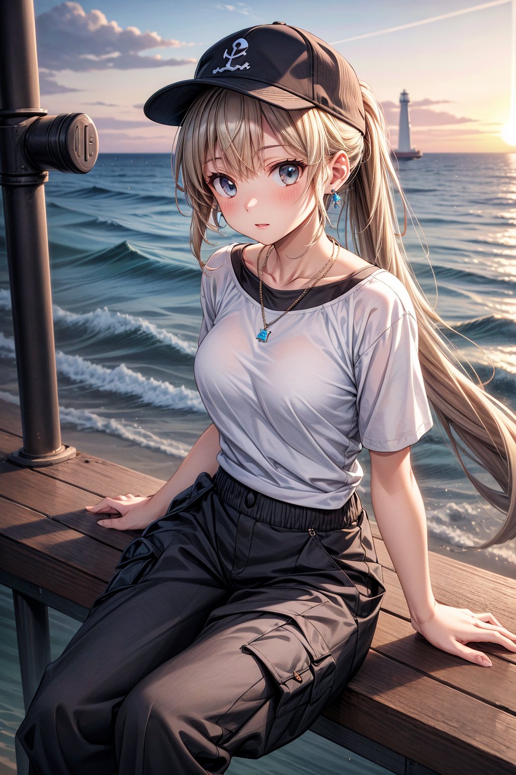 French girl,grey blonde hair(very long hair, curly_hair),long ponytail,hiphop dancer,wearing all black clothes (loose fit top and wide cargo pants),sneakers,accessories(necklace,ear_rings)baseball cap, sitting at sea bank,horizon,seaside,vivid sea color,red lighthouse,sunset,Best Quality, 32k, photorealistic, ultra-detailed, finely detailed, high resolution, perfect dynamic composition, beautiful detailed eyes, sharp-focus, cowboy_shot, 