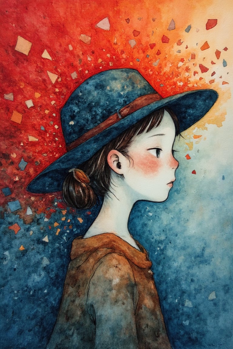 A woman wearing a wide-brimmed hat, gorgeous colors, the woman's hair breaks into small pieces and turns into powder as it moves away from her head, the abstract red background and fantastic blue gradient add to the mysteriousness, the heavy and unstructured thick brush strokes beautifully express the portrait of a woman,