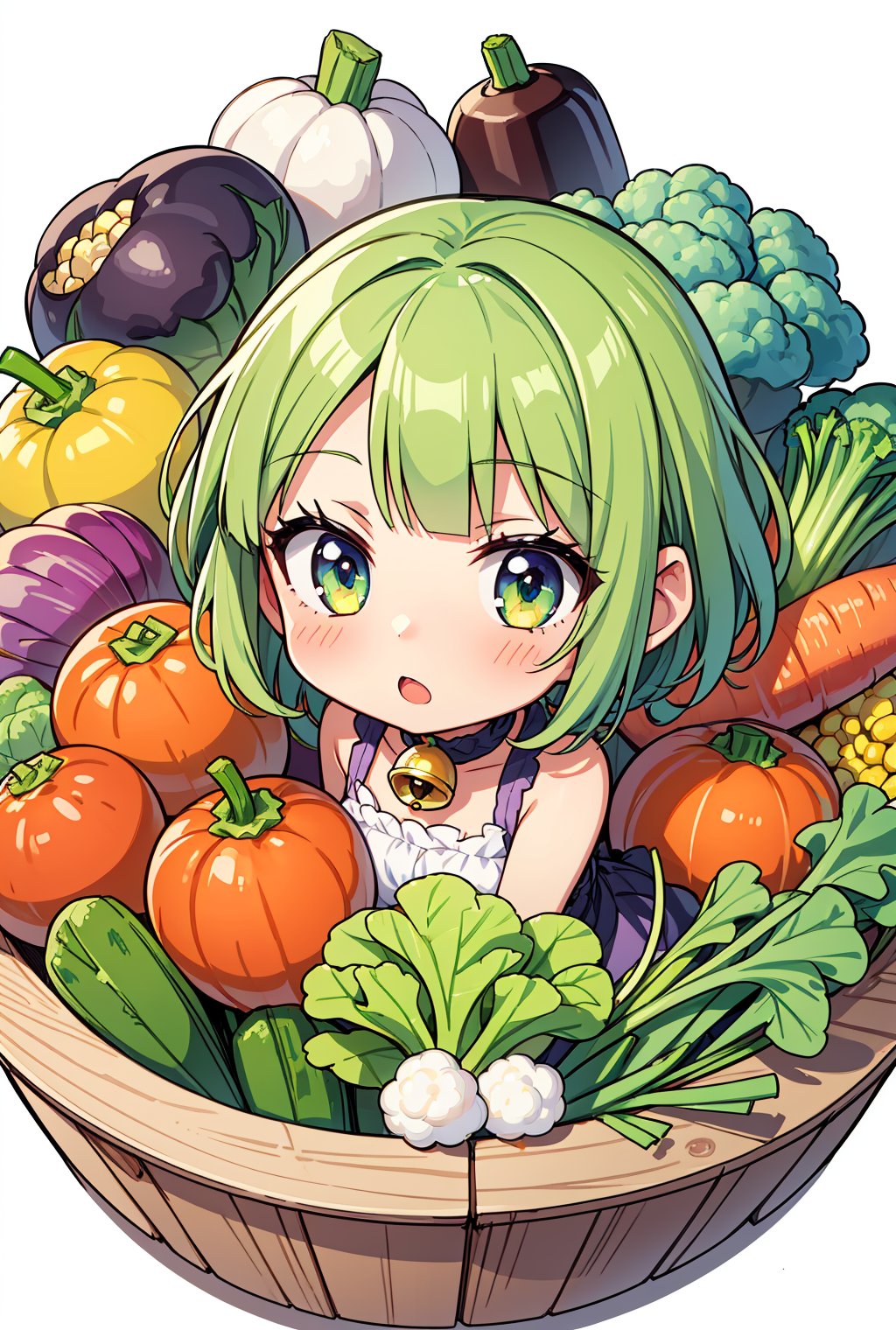 ,illustration,(1girl:1.3),(vegetables:1.3),(vegetables mascot costume:1.2),Carrot, Tomato, Potato, Spinach, Broccoli, Onion, Lettuce, Bell Pepper, Cucumber, Cauliflower, Eggplant, Zucchini, Pumpkin, Sweet Potato, Radish, Cabbage, Peas, Corn, Asparagus, Brussels Sprouts,(chibi gir:1.3)