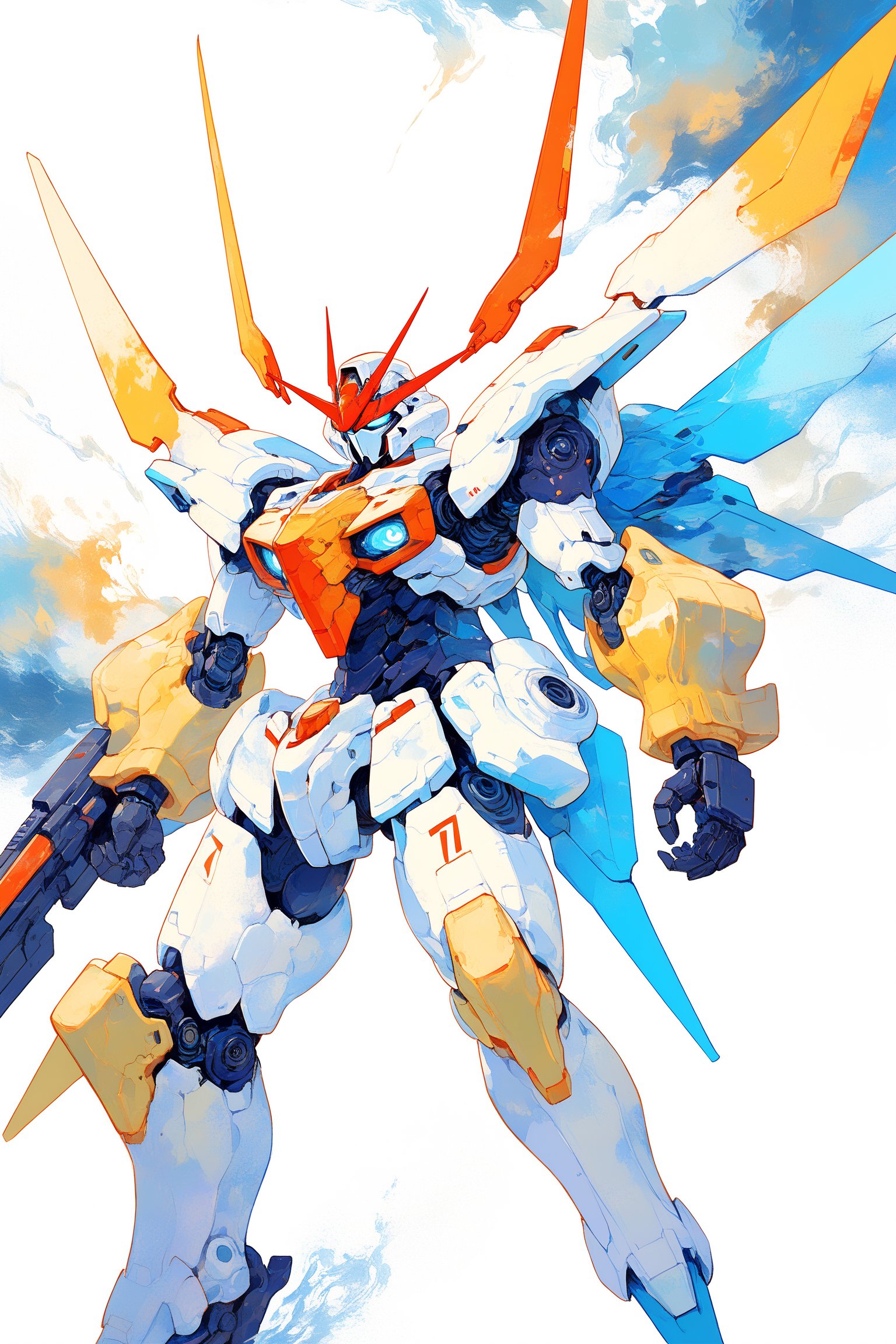 "The overall effect is a blend of impressionism and abstraction, creating a rich, immersive setting that complements the selective focus on a military gundam robot  hovering in the air. The scene should feature an impressionist selective focus on the drone. In contrast, the background should transition into an abstract, painterly environment. The atmosphere should be hazy and diffuse, contributing to an ethereal and somewhat dystopian feel. Indistinct forms and shapes in the background should suggest an accident, possibly people, rendered in a loose, impressionistic style to emphasize mood and atmosphere over detailed realism. Use a muted Cinematic Palette with cooler tones such as blues, teals, and orange to create depth and atmosphere. Use muted shades of earthy tones to depict worn, weathered and aged appearances. Use muted accents like rusty orange-yellows, and rusty teals to highlight tiny areas and add visual interest. Use this blend of subdued and bold colors to emphasize the gritty nature of the scene.",palette knife painting