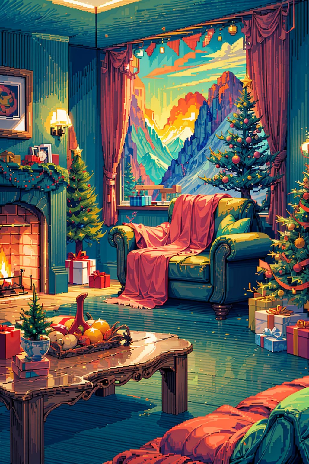 Big Xmas tree in living room, fire place, gift, comfy,Bear fluffy, window with mountain views,best pixel art, neo-geo graphical style, retro nostalgic masterpiece, 128px, 16-bit pixel art , 2D pixel art style, adventure game pixel art, inspired by the art style of hyper light drifter, masterful dithering