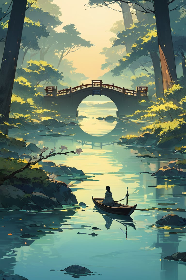 A serene scene unfolds: a lone female figure stands at the edge of a tranquil lake, situated amidst a dense forest. The setting sun casts warm hues upon the surrounding foliage, with blooming branches of cherry trees stretching towards the sky. A traditional Chinese bridge arches over the water, its intricately carved rails reflected in the calm lake. In the distance, a small wooden boat gently rocks on the shore, surrounded by an expanse of negative space. The entire composition is rendered in soft, expressive lines reminiscent of Chinese ink drawing.