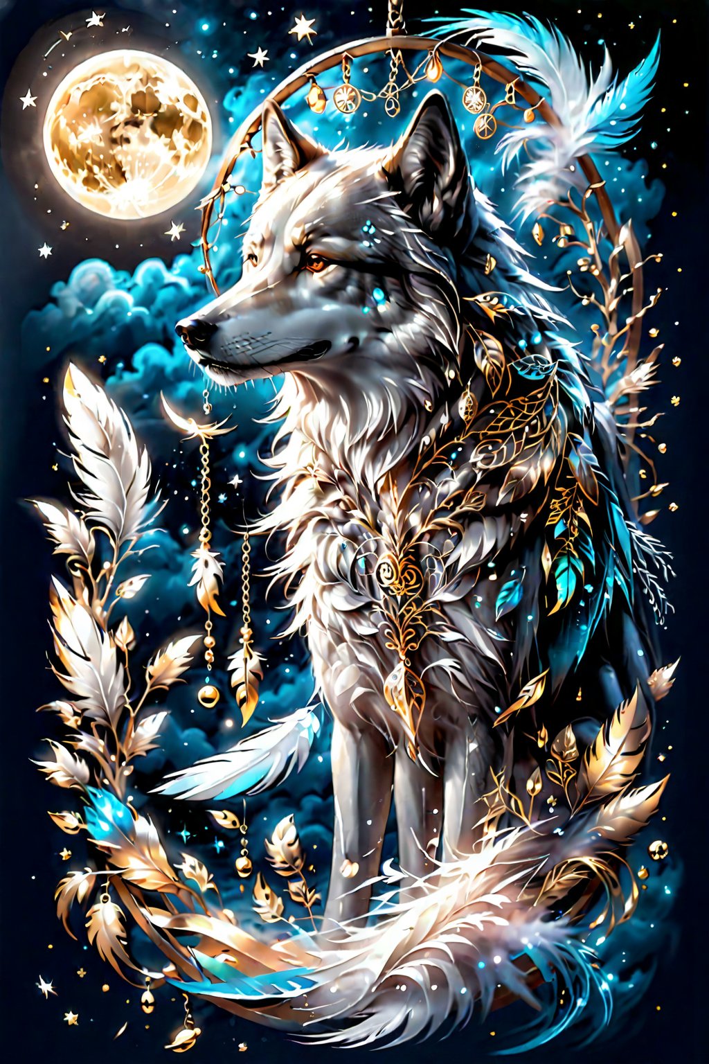 A tattoo design where the dreamcatcher forms the body of a wolf, howling at the moon, with detailed feathers hanging from the dreamcatcher's web, set against a dark night sky speckled with stars.