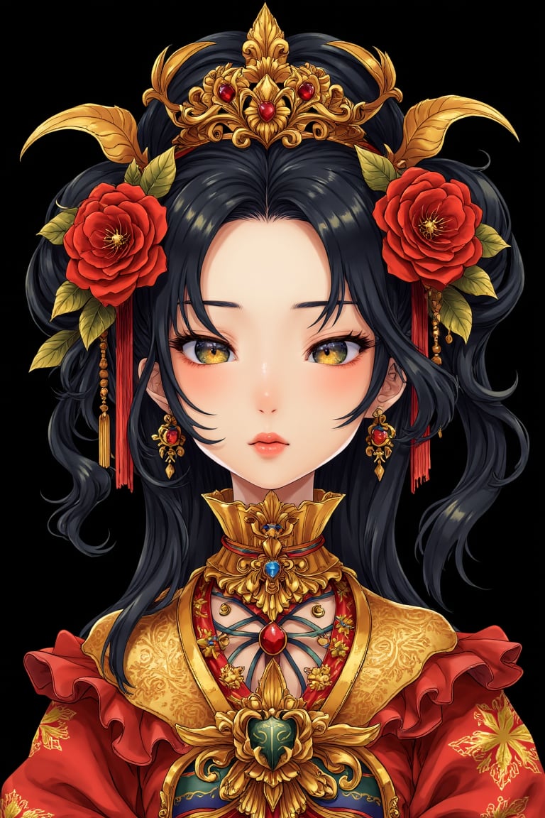 masterpiece, high quality photo, cool tone, (black simple background), colorful cute-girl carved on gold, (wide shot), unpleasant look, drtailed face,INK,ink,kedamamilk