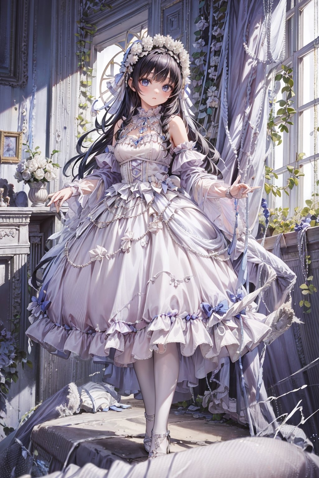 realistic, photorealistic, masterpiece, absurdres, incredibly absurdres, extremely detailed, best quality, lodress, white pantyhose,high heels, full body, 1girl, solo, slim, long black hair, expressionless, looking at viewer, detailed background, standing, indoors, palace, luxury decorations, sunshine,  lodress