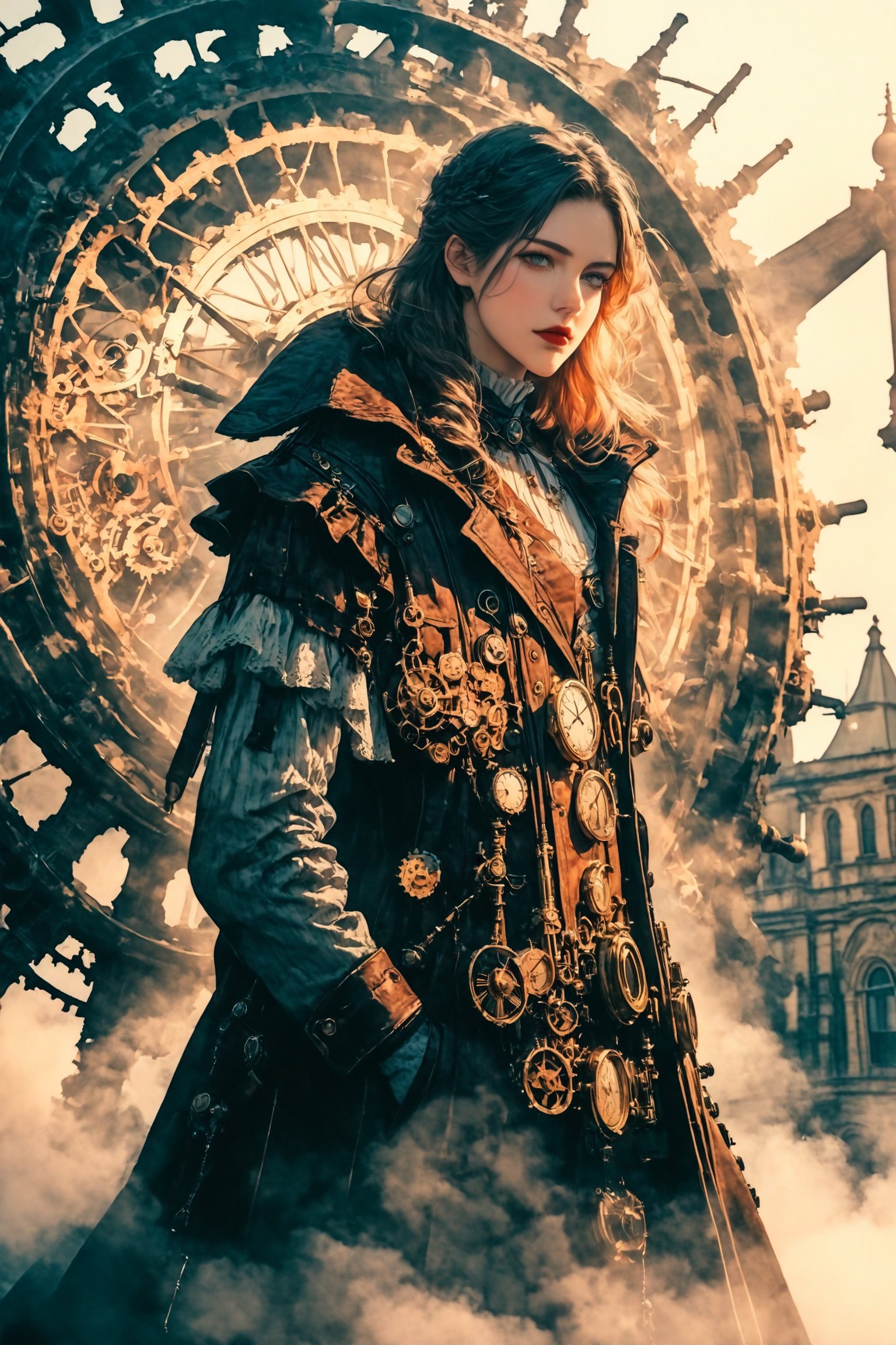 high quality, 8K Ultra HD, high detailed, Steampunk Time Voyager, Watercolor, wash technique, colorful, blurry, smudge outline, like a fairy tale, The protagonist, a courageous young beautiful woman adorned in a blend of vintage and futuristic attire, Embark on a thrilling journey through time in a steampunk-infused world, where past and future intertwine in perfect unison, This intricate digital art piece captures the essence of a daring time voyager exploring a Victorian-era metropolis with a steampunk twist, stands atop a colossal clock tower adorned with ornate cogs and gears, propelled by precise mechanical propellers, The city's architecture harmoniously blends classic Victorian elegance with intricate steampunk machinery, resulting in a visually captivating juxtaposition, by yukisakura, awesome full color,