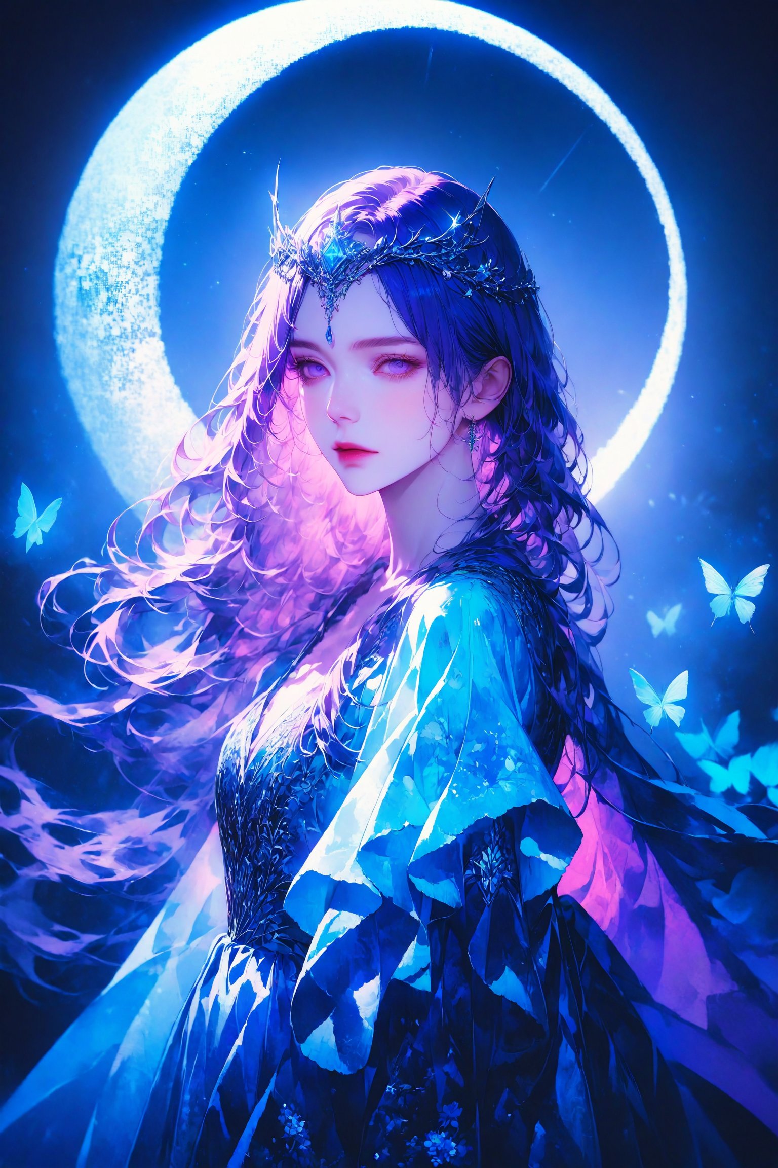 Here's a potential digital illustration based on your description:  -Title:- 'Moonlit Enchantress'  -Image:-  The illustration features a fantastical, ethereal woman standing against a backdrop of a large, glowing moon and a shimmering, starry night sea. Her hair flows like a river of purple, with intricate, delicate strands that seem to come alive in the moonlight.  She wears a stunning, ornate gown that's been meticulously designed to showcase her beauty and elegance. The gown is a deep, rich purple color, with intricate flower patterns and sparkling jewels that catch the light. Her headpiece is a masterpiece of complexity, with delicate, curved petals and glittering gemstones that seem to shimmer and shine.  Around her, a halo of light and butterflies creates a magical aura, as if she's conjuring up the very essence of the moon and sea. The moon above casts a soft, gentle glow over the scene, illuminating the waves and creating a sense of peace and tranquility.  -Color Palette:-  - Deep, rich purple for the hair and gown - Soft, shimmering blue for the moon and sea - Delicate, pale pink for the flowers and gemstones - Gold and silver for the jewelry and accents  -Style:-  The illustration is done in a highly detailed, realistic style, with a focus on capturing the beauty and elegance of the subject. The character is rendered in a lifelike way, with intricate textures and patterns that add depth and dimension to the image.  -Mood:-  The mood of the illustration is one of enchantment and mystery, capturing the essence of a magical, otherworldly moment. The subject's serene, ethereal expression and the dreamlike quality of the scene create a sense of wonder and awe, as if the viewer has stumbled upon a hidden, mystical world. 